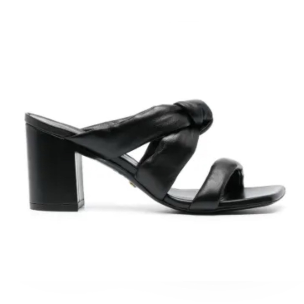 Stuart Weitzman Black Leather kitten heel knot detail square toe Mules size 8